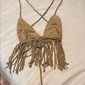 Fringe Detail Tan Crop Top